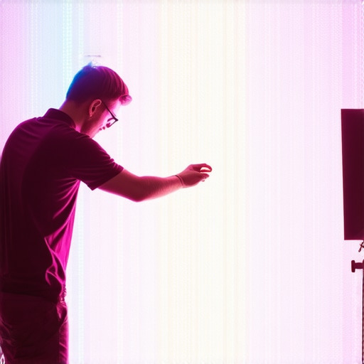 Photographer adjusting colorful RGB LED panels in a modern studio setting.
