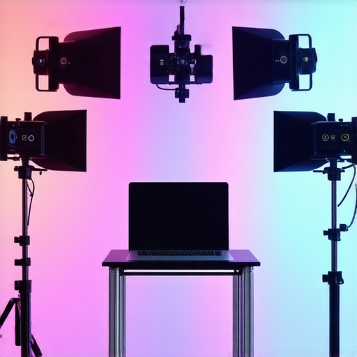 Studio with RGB LED panels, softboxes, and control equipment for video production.