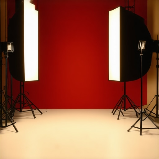 A professional studio setup with RGB lighting and softboxes