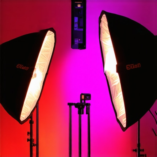 Compact studio with softboxes and RGB lights arranged for efficient lighting.