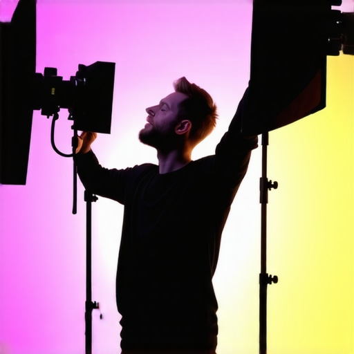 Photographer adjusting RGB lights and softboxes with professional lighting controls in a studio