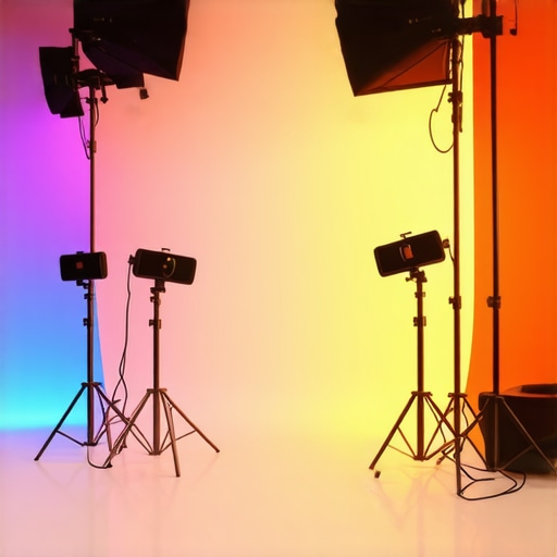Studio with RGB lights, softboxes, and background lighting for video production.