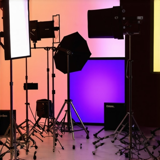 Professional studio lighting setup with softboxes and RGB panels for high-quality video production.
