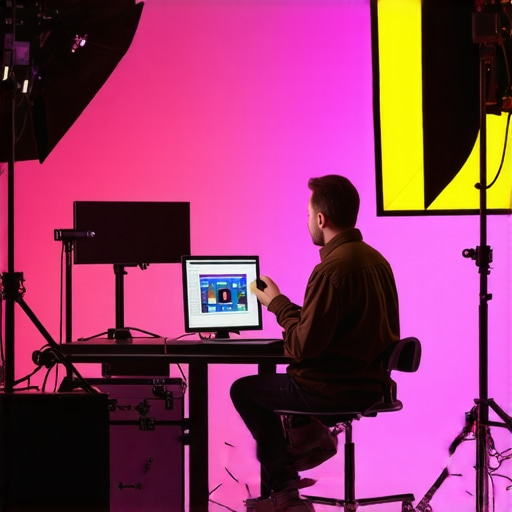 Technician calibrating RGB studio lights with professional tools.
