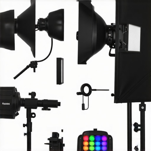 Technician cleaning and inspecting studio lighting gear with microfiber cloths and compressed air in a professional setup.