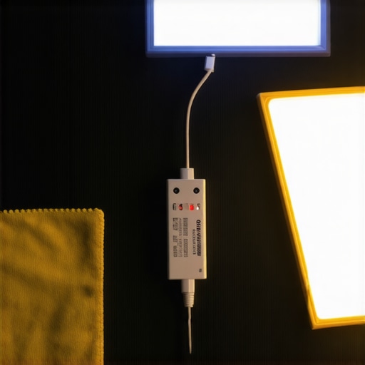 A person cleaning LED panel lights with microfiber cloth, showing maintenance tools for studio lighting