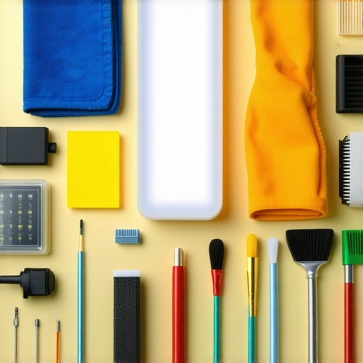 Tools and equipment for maintaining studio lighting, including microfiber cloths, screwdrivers, and LED panels.