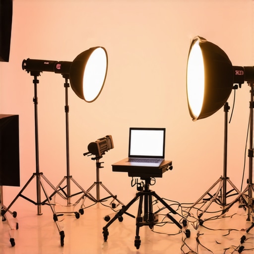 A creator's studio with softbox, RGB, and LED lights arranged for optimal lighting