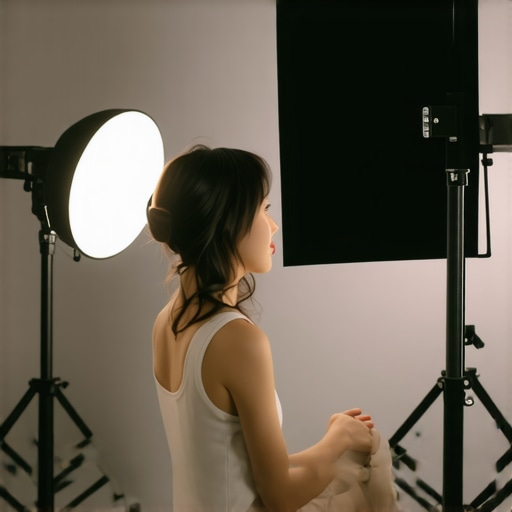 Professional studio lighting with softbox and LED panel illuminating a model.