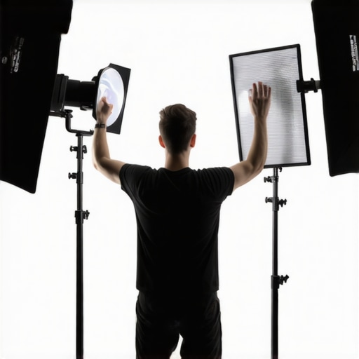 Photographer adjusting softbox and LED panel lights in a professional studio
