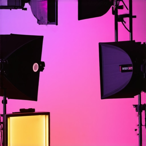 Professional studio lighting with softboxes and RGB panels