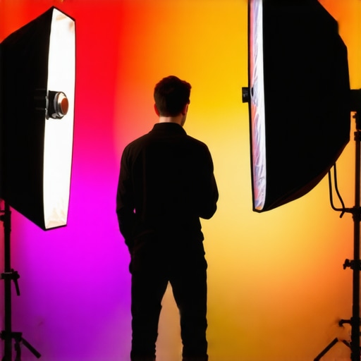 Creator arranging softbox and RGB lights in a studio environment
