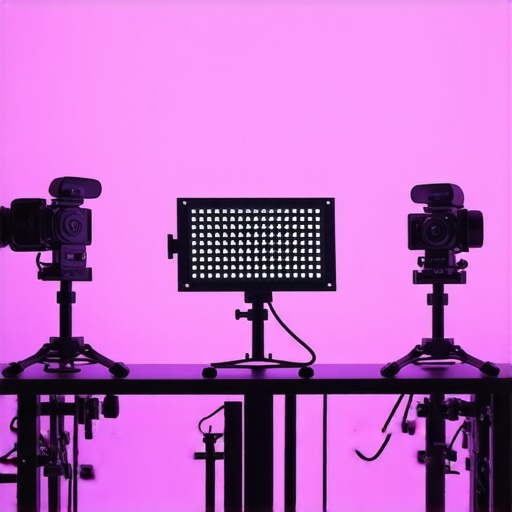 Professional video studio with LED panels and RGB lights illuminating the space
