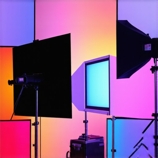 A professional studio setup showing softboxes and RGB panels for cinematic lighting