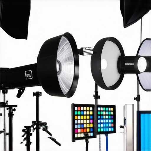Professional studio lighting with softboxes and RGB panels neatly organized and maintained.
