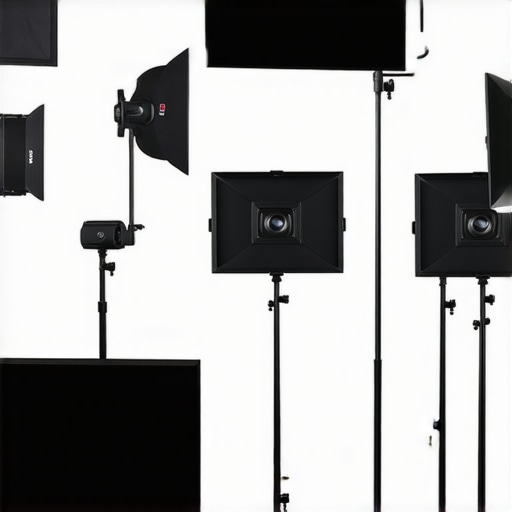 Professional studio lighting setup with LED panels and softboxes demonstrating technical placement.