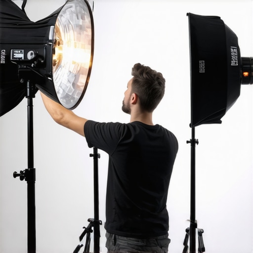 A content creator fine-tuning softbox and RGB lights in a well-organized studio.
