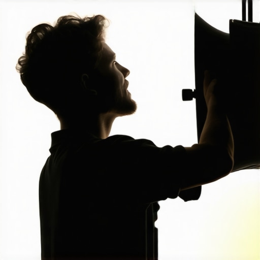 A creator fine-tuning softbox and RGB lights in a modern studio