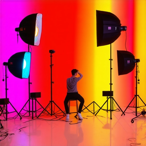 Creator adjusting softboxes and RGB LED panels in a professional studio environment.