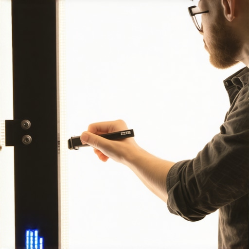 Photographer calibrating studio LED lights with a colorimeter for color accuracy.