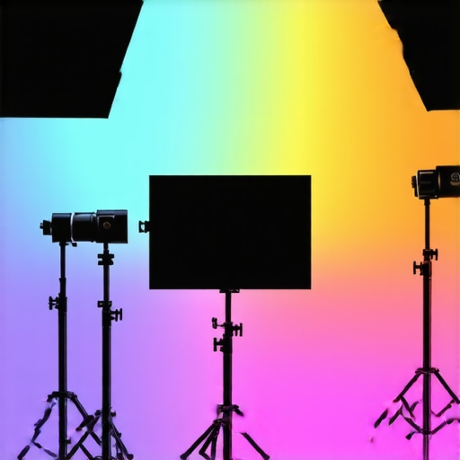 A modern video studio featuring RGB softbox lights and LED panels creating soft, colorful illumination.