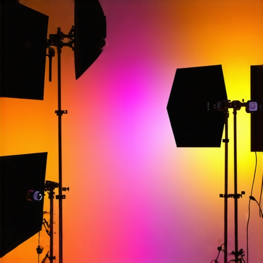 A well-organized studio with softboxes, RGB lights, and LED panels producing even, flattering light for video