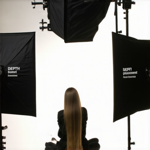 Studio setup showing multiple softboxes at varying angles and heights creating a dimensional lighting scene.