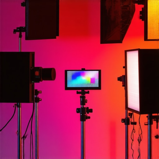 A well-organized professional video studio with softbox and RGB LED lights illuminating the creator.