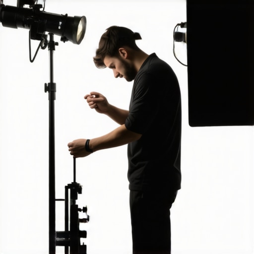 Photographer cleaning and calibrating studio lights in a well-organized studio