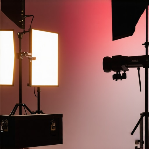 A well-organized studio with softboxes, RGB lights, and LED panels for video production