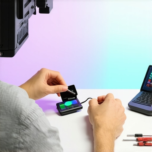 Technician calibrating RGB studio lights with a colorimeter and digital tools. Ensuring consistent light quality.