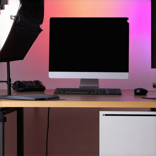 A well-arranged studio with softbox and RGB lights positioned for optimal video lighting