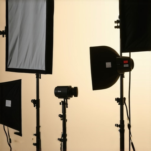Studio lighting setup with softboxes, grids, and flags controlling light spill for a clean shot.