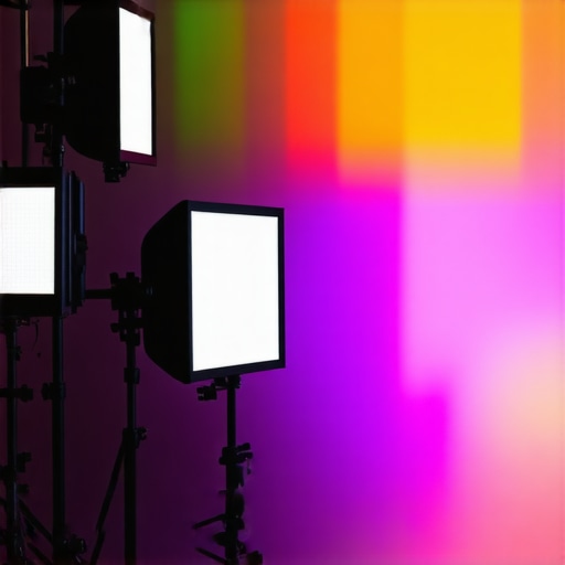 A behind-the-scenes view of a video studio with matched RGB softboxes and diffusion layers for uniform lighting.