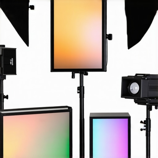 Professional RGB lighting setup with softboxes and calibration tools in a studio environment