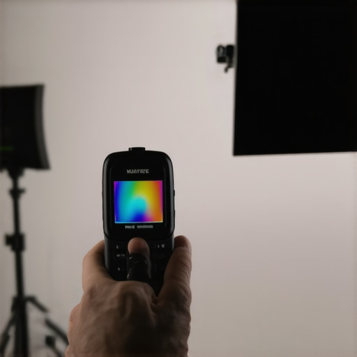 Photographer using color meter to calibrate RGB studio lights for accurate skin tones