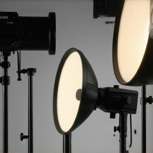 A professional video studio with flicker-free RGB softbox lights, diffusers, and stable power sources.