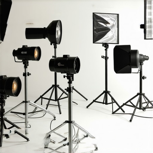 Studio lighting with RGB fixtures and softboxes highlighting skin tone correction setup