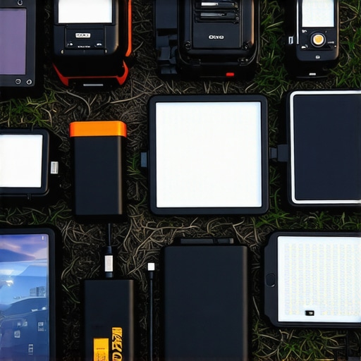 Outdoor portable LED lights with high-capacity batteries and power banks during sunset.