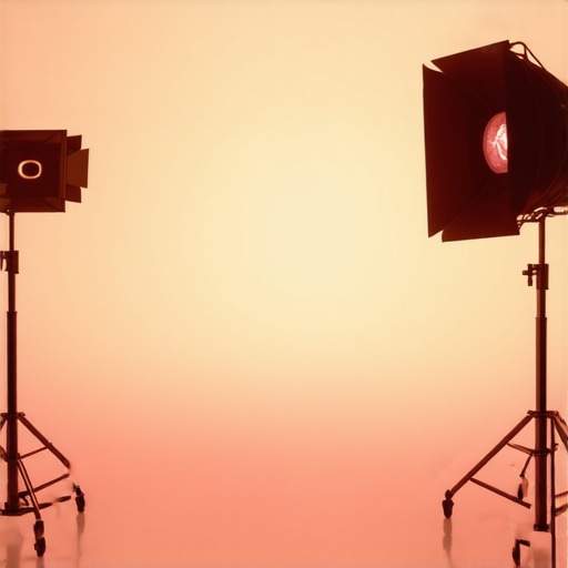 A professional studio setup demonstrating RGB softboxes and LED panels creating a sunset effect with warm colors and natural shadows.