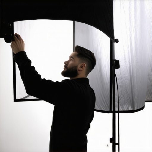 Photographer fine-tuning softbox with grid for dramatic portrait lighting