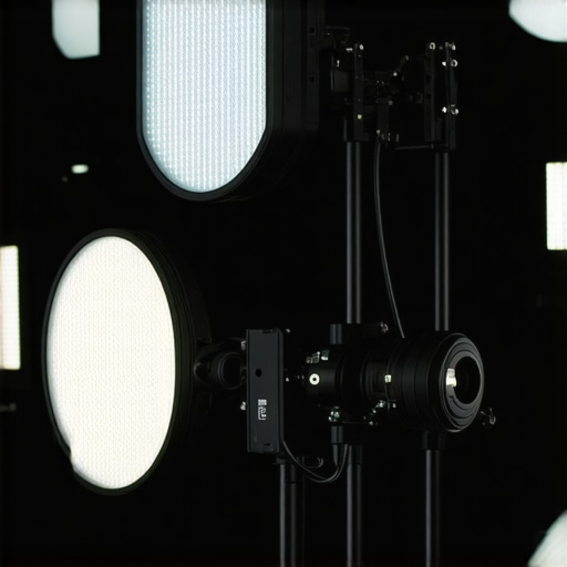 Lighting technician calibrating LED studio lights with measurement tools.