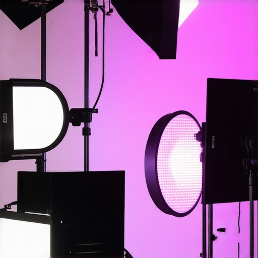 Professional video studio with RGB lights and softboxes being calibrated for color accuracy.