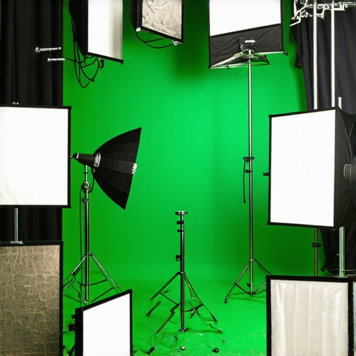 Professional studio lighting setup demonstrating softboxes with grids and barn doors to prevent light spill into green screen.
