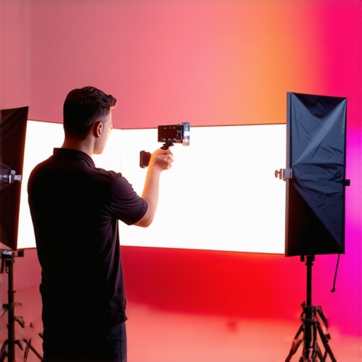 Creator cleaning LED panels and softboxes in a video studio.