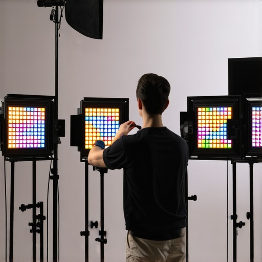 Photographer calibrating LED studio lights to enhance skin color accuracy with color charts and softboxes.
