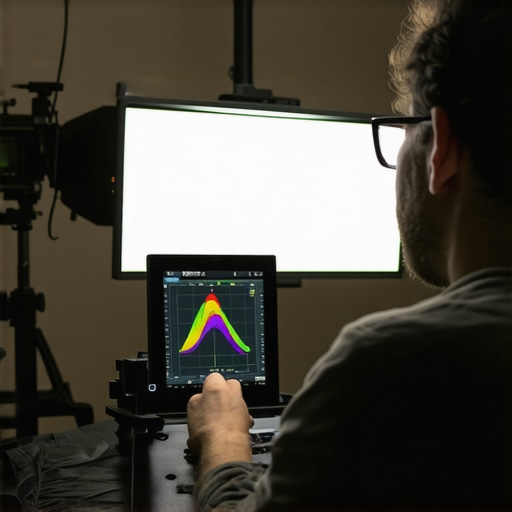 Lighting technician measuring LED panel spectral output for calibration in studio
