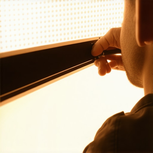 Technician calibrating studio LED panels with professional tools in a modern studio.