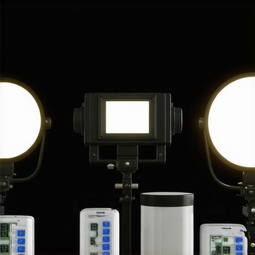 Technician calibrating and maintaining studio lights with specialized tools