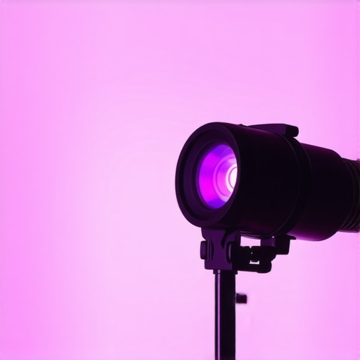 A technician using a spectrometer to analyze RGB LED panels for calibration in a studio setting.